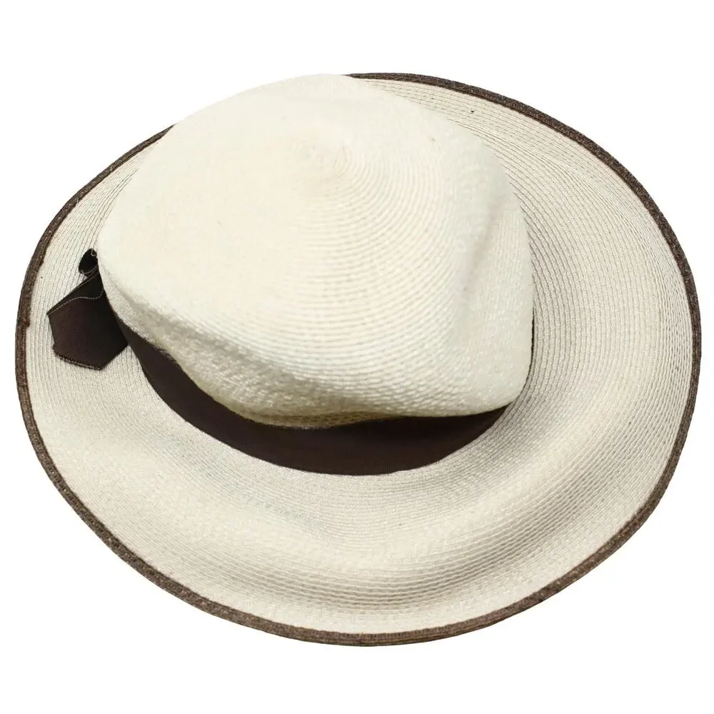 Vintage Wide Brim Straw Sun Hat Cream Brown Ribbon Summer Resort Chic - Hey Viv